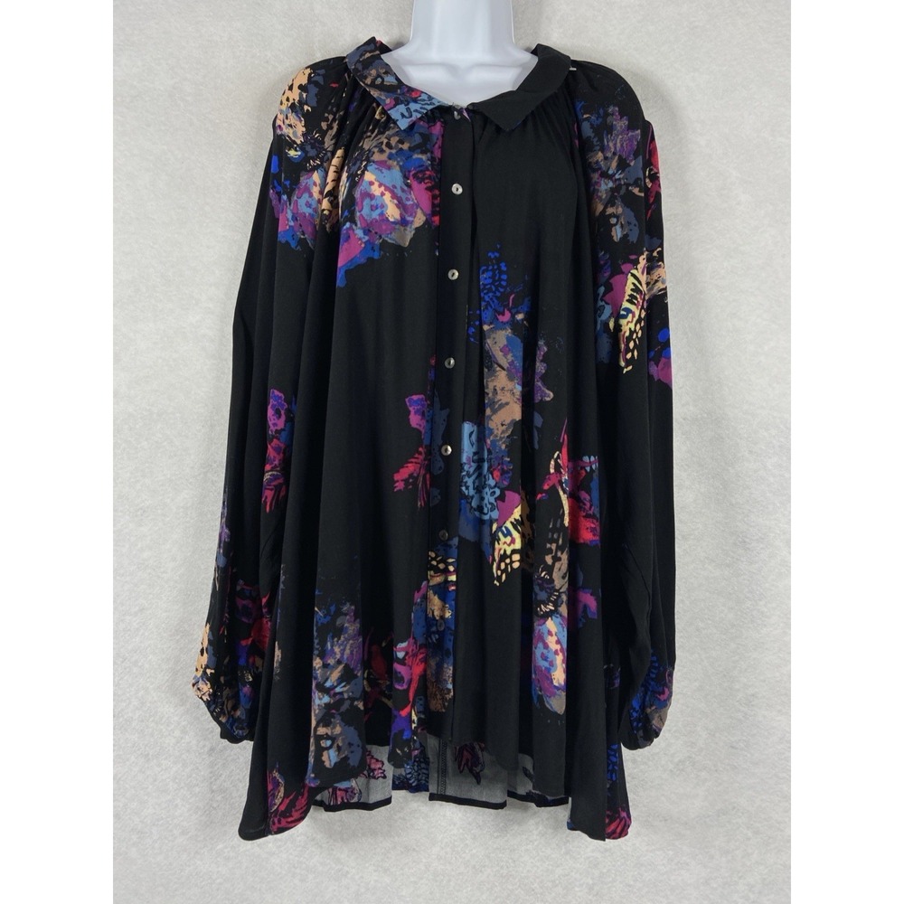 Free People Top Women's Medium Black Tunic Balloon Sleeve Tunic Button Up Floral